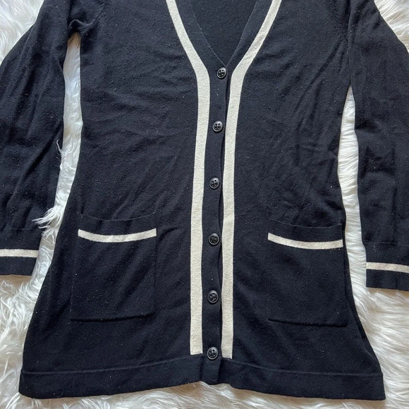 Trina Turk Cardigan Cashmere Silk Wool Black/cream Striped Pockets Sweater Sz M - Picture 2 of 9